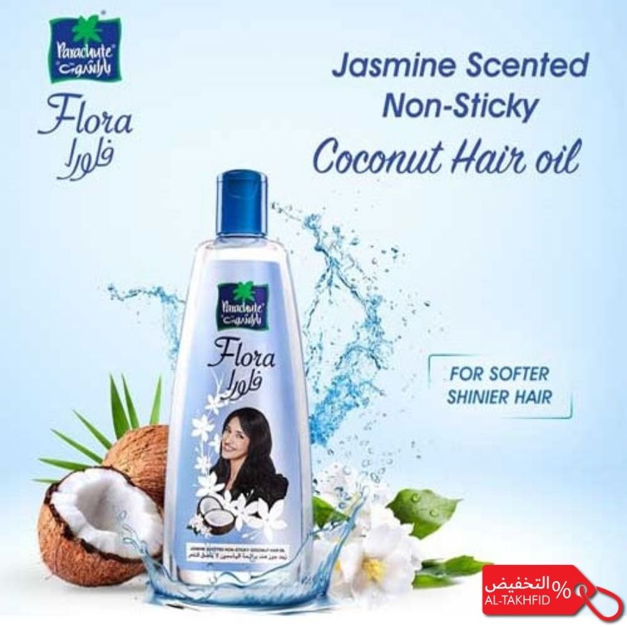 Flora coconut hair oil bottle with coconut and jasmine elements on a light blue background