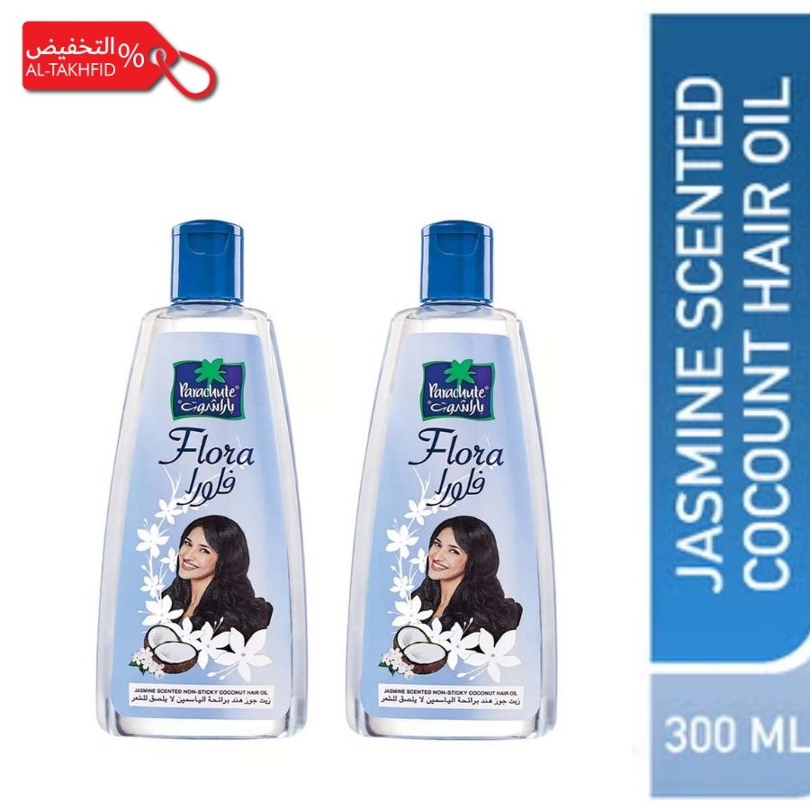 Two bottles of Flora Jasmine Scented Coconut Hair Oil with a promotional banner on a white background.