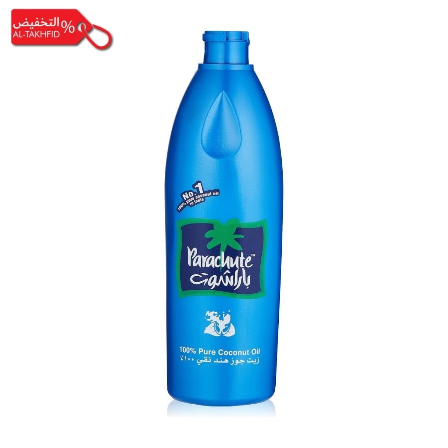 Blue bottle of Parachute 100% Pure Coconut Oil on a white background