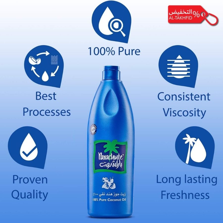 Parachute Gold coconut oil bottle with certification icons on a blue background.