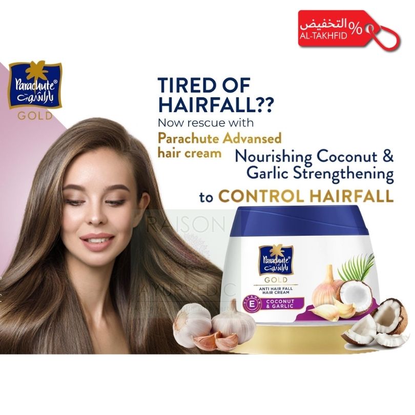 Parachute Advansed hair cream advertisement with a woman and product packaging.