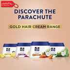 Advertisement for Parachute Gold Hair Cream Range with product containers on a beige background.