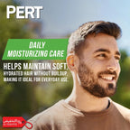 Man with a beard smiling outdoors with PERT daily moisturizing care text overlay.