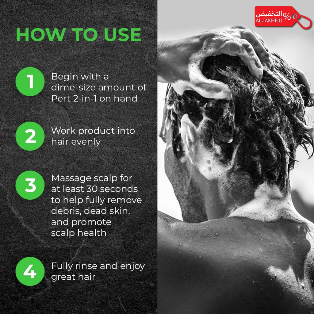 Instructions on how to use a hair care product with a person massaging their scalp.