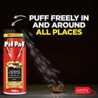 Pif Paf cockroach and ant killer powder packaging with text on a black background