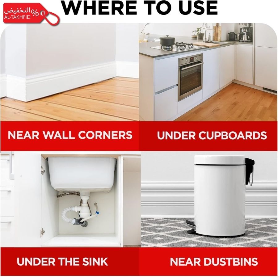 Illustration showing where to use a product, with examples near wall corners, under cupboards, under the sink, and near dustbins.