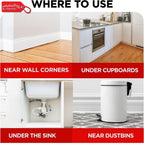Illustration showing where to use a product, with examples near wall corners, under cupboards, under the sink, and near dustbins.