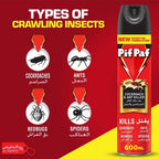 Pif Paf cockroach and ant killer spray with illustrations of insects on a red background.