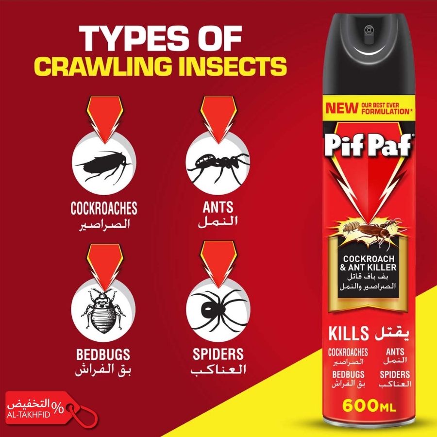 Pif Paf cockroach and ant killer spray with illustrations of insects on a red background.