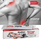 Radian Massage Cream packaging with a person massaging their shoulder, showing red areas indicating pain.