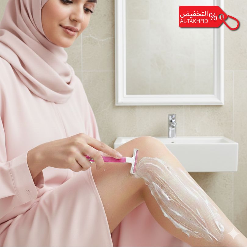 Woman shaving her leg with a razor in a bathroom setting, with a promotional banner in the corner.
