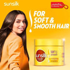 Sunsilk styling cream jar with a woman having smooth hair on a yellow background