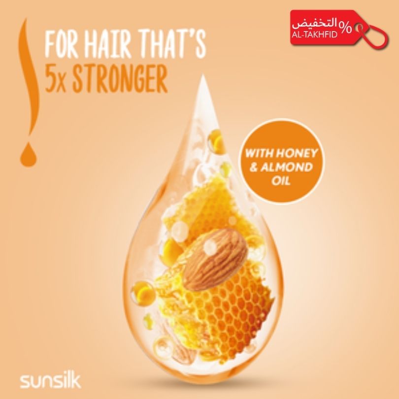 Sunsilk hair care product with honey and almond oil on a beige background