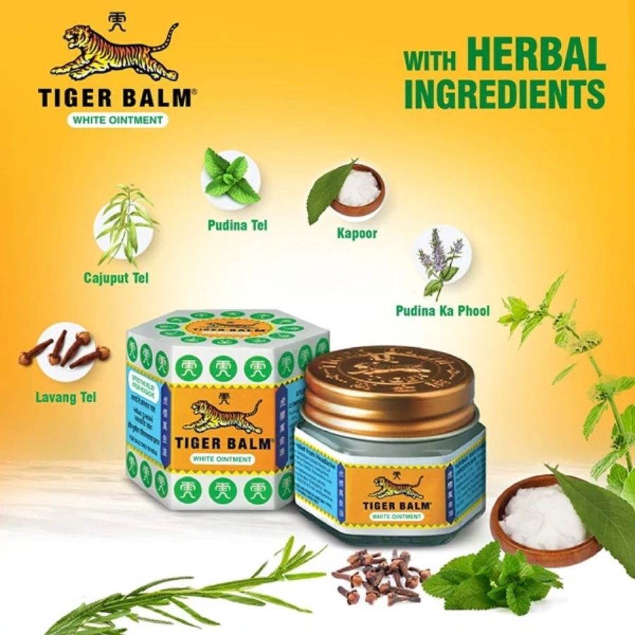 Tiger Balm with herbal ingredients on a yellow background
