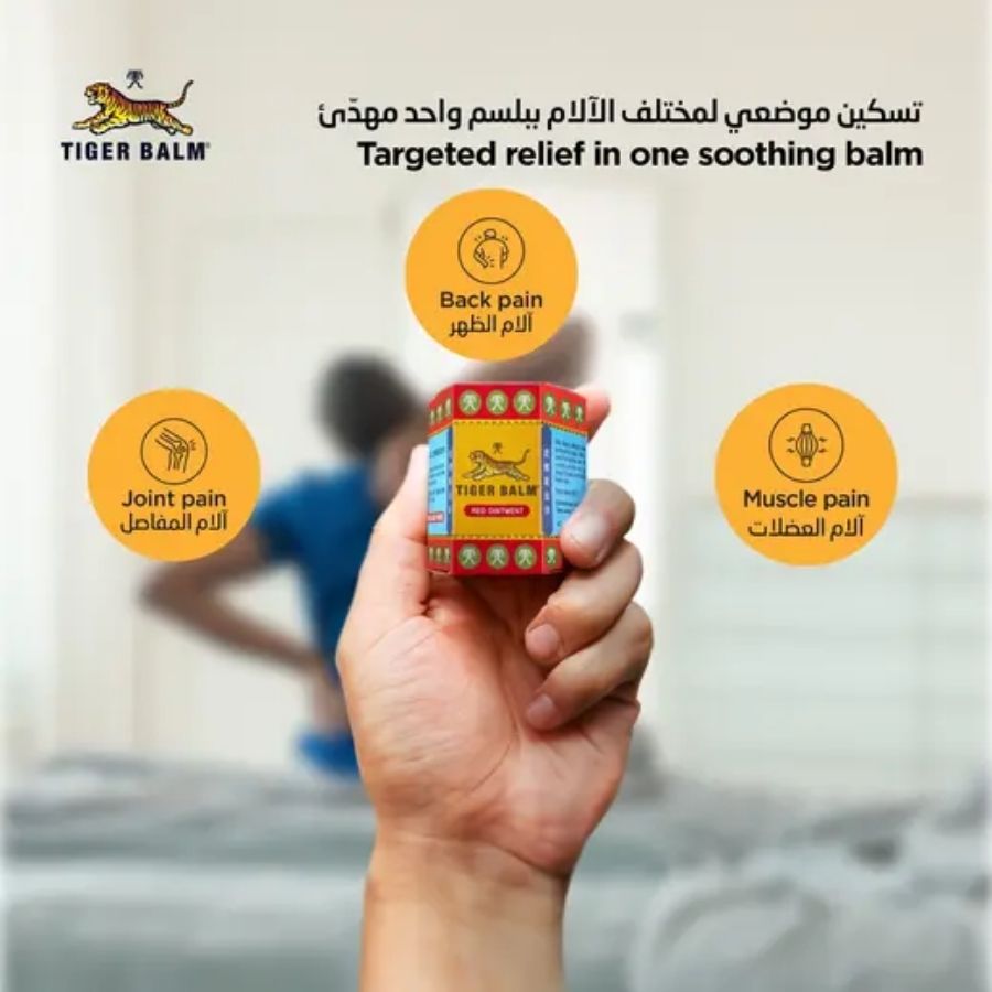 Tiger Balm packaging held by a hand with pain relief icons and text.