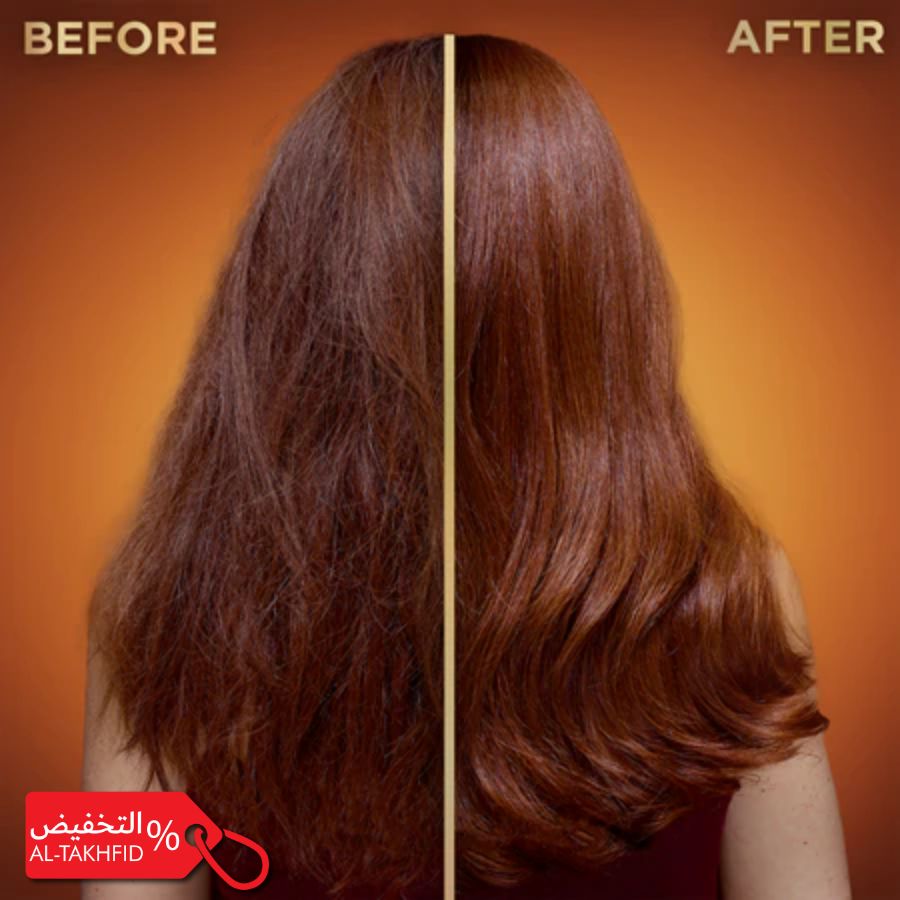 Before and after comparison of hair treatment with a visible brand logo.
