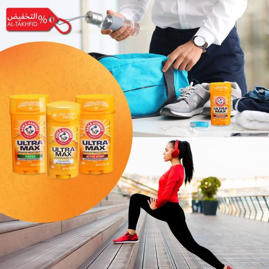 Person packing a bag with Arm & Hammer Ultra Max deodorant, woman exercising outdoors.