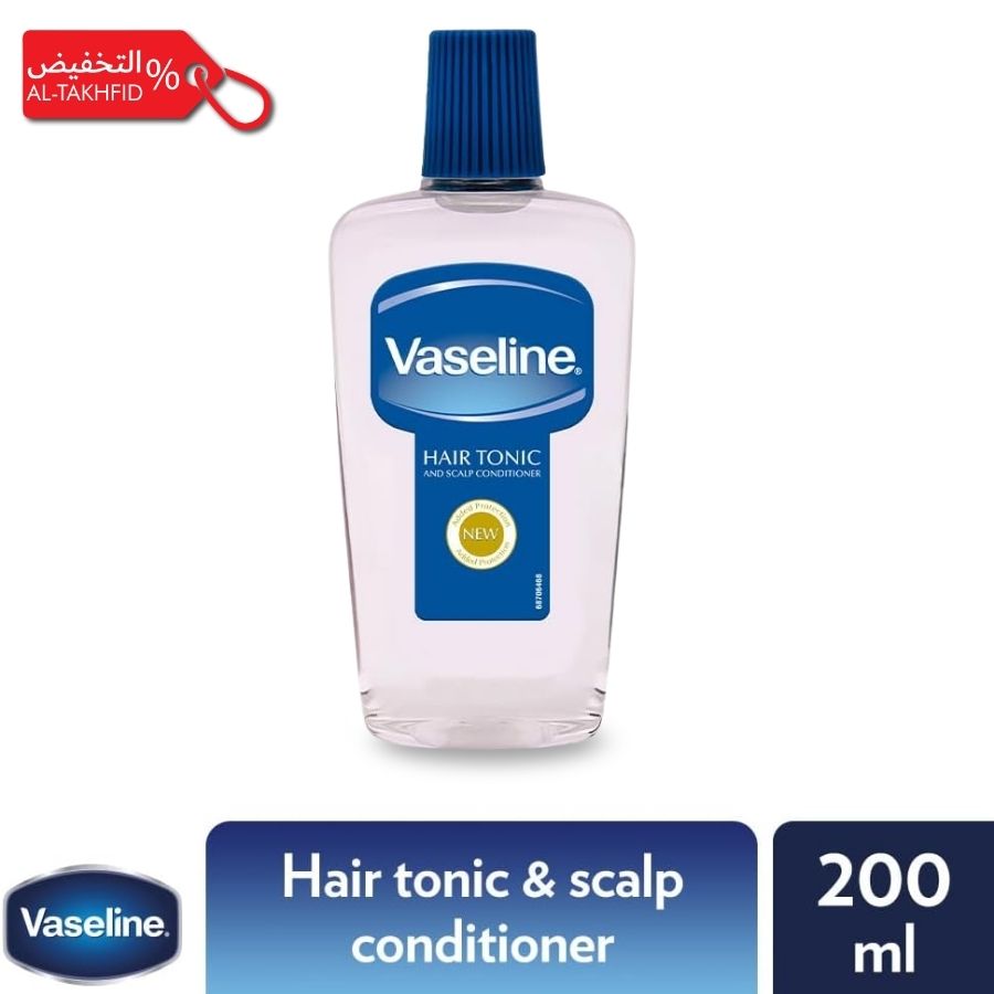 Vaseline hair tonic bottle with blue cap on a white background