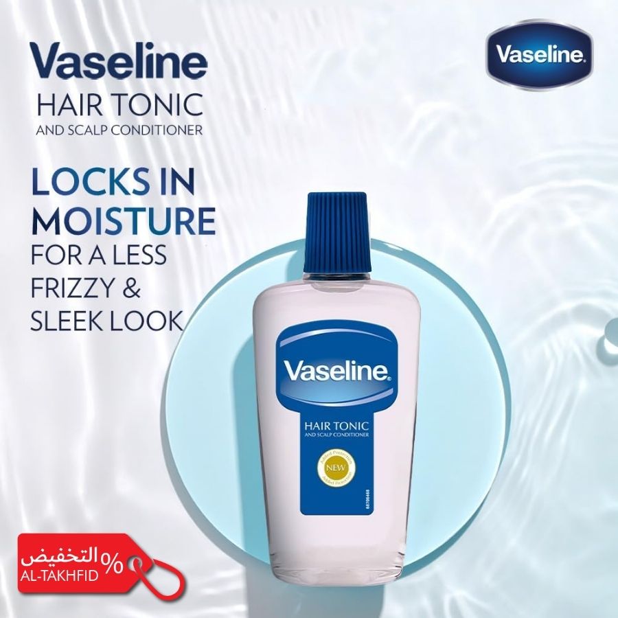 Vaseline Hair Tonic bottle with promotional text on a light blue background.