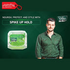 Vatika Menz hair product with a man in a green shirt on a dark green background
