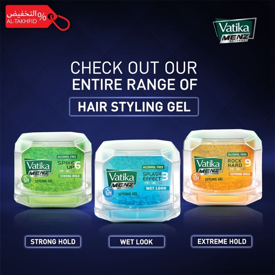 Vatika Menz hair styling gel packaging with different hold levels on a dark background