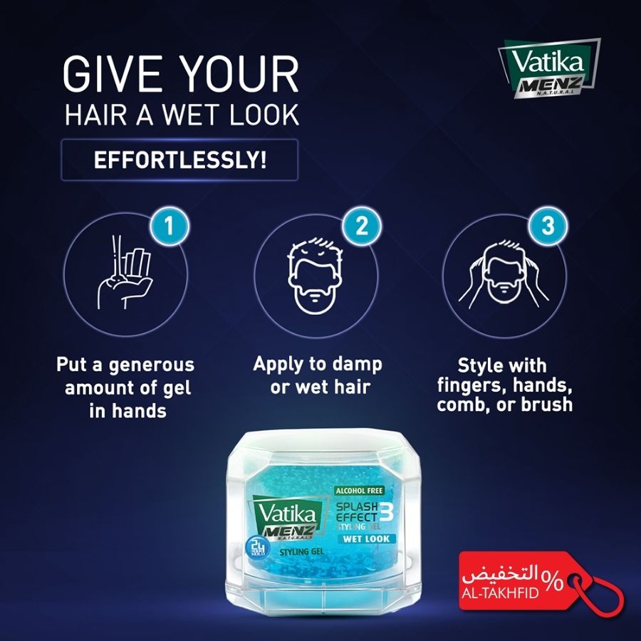 Vatika Men's hair product packaging with usage instructions on a dark background