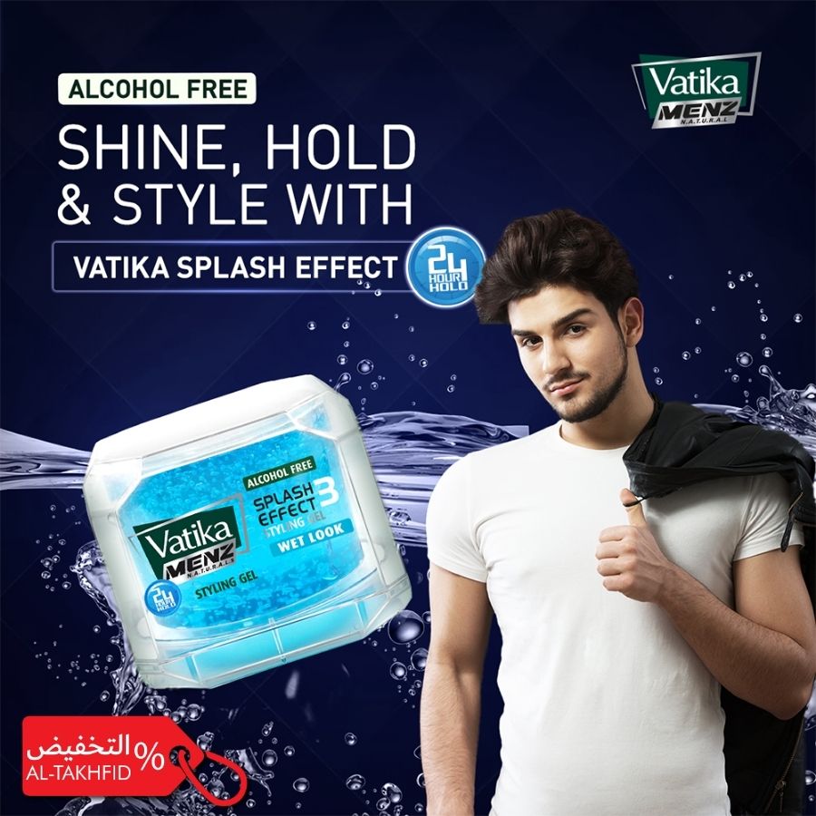 Vatika Menz hair product advertisement with a man and product packaging on a dark blue background.