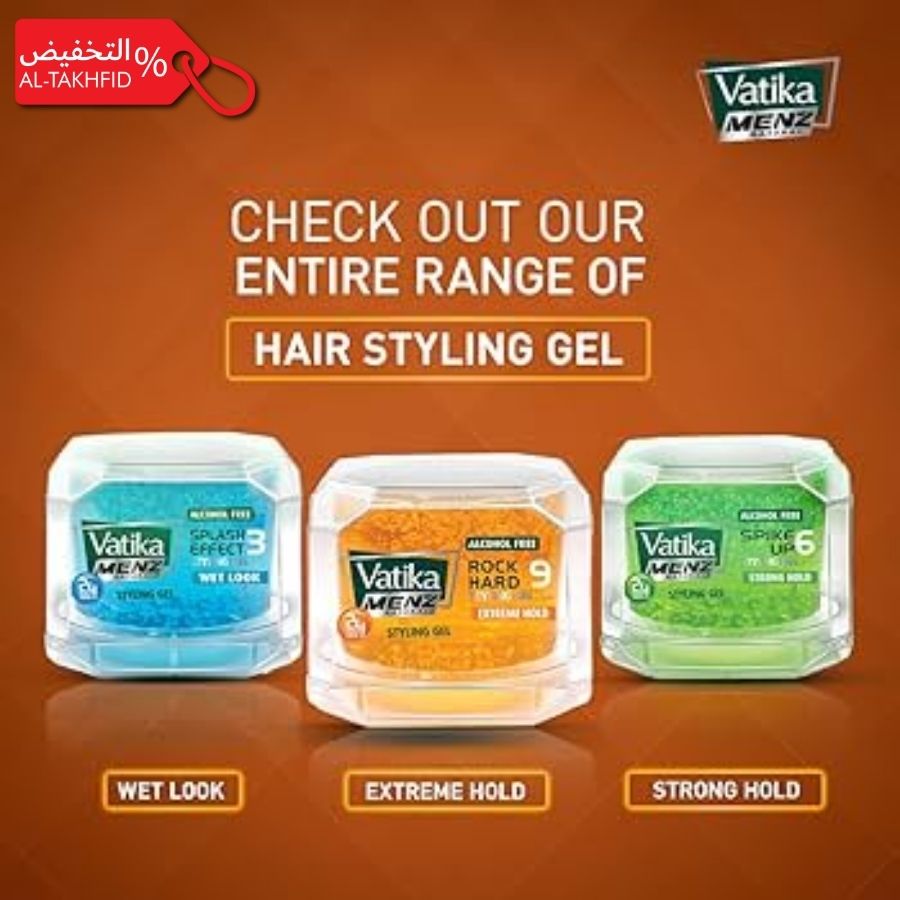 Vatika Men's hair styling gel packaging with different hold levels on an orange background.