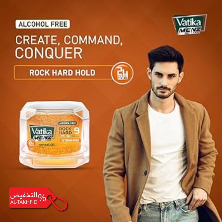 Advertisement for Vatika Men's hair product with a man in a brown coat on an orange background