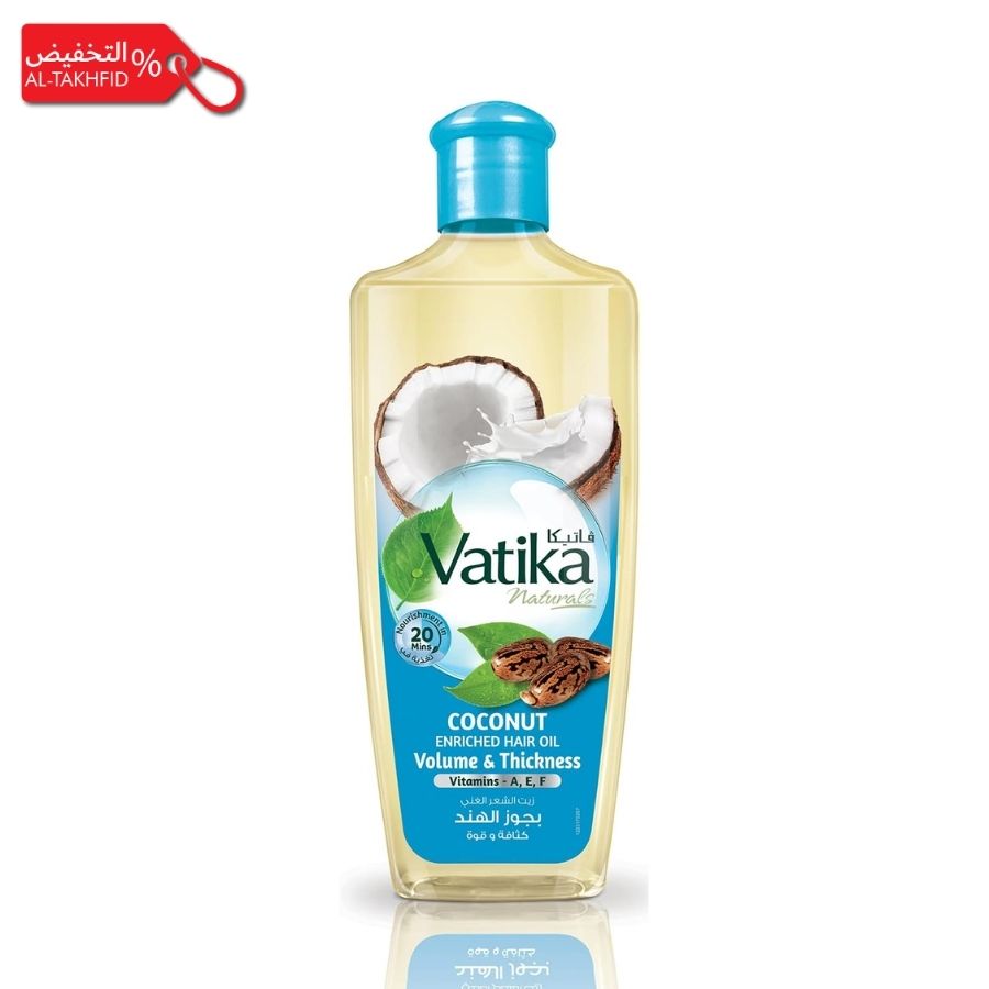 Vatika coconut hair oil bottle on a white background