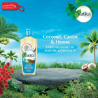 Vatika coconut, castor & henna enriched hair oil bottle with a tropical background