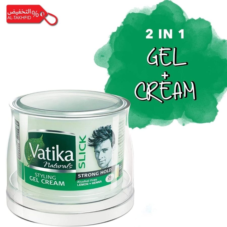 Vatika Naturals styling gel cream container with green label and text '2 in 1 Gel + Cream'.