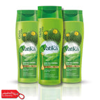 Three bottles of Vatika hair fall control shampoo with green packaging on a white background.