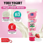 Yoko Yogurt Facial Foam packaging with ingredients and benefits on a pink background
